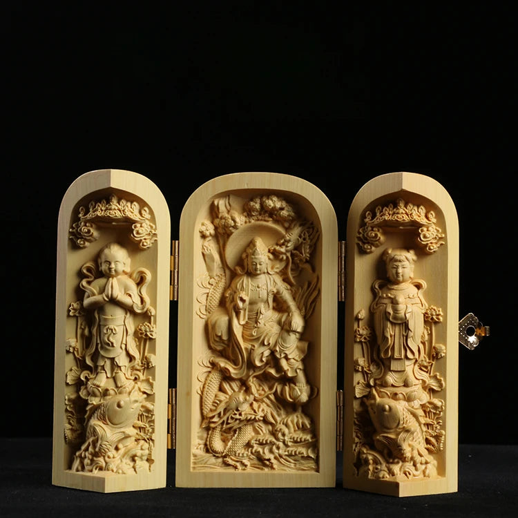Boxwood Carving Buddha Statue Three Western Sages Guanyin Wood Buddha Shrine Fu Lu Shou Sculpture Three Open Box Home Decor