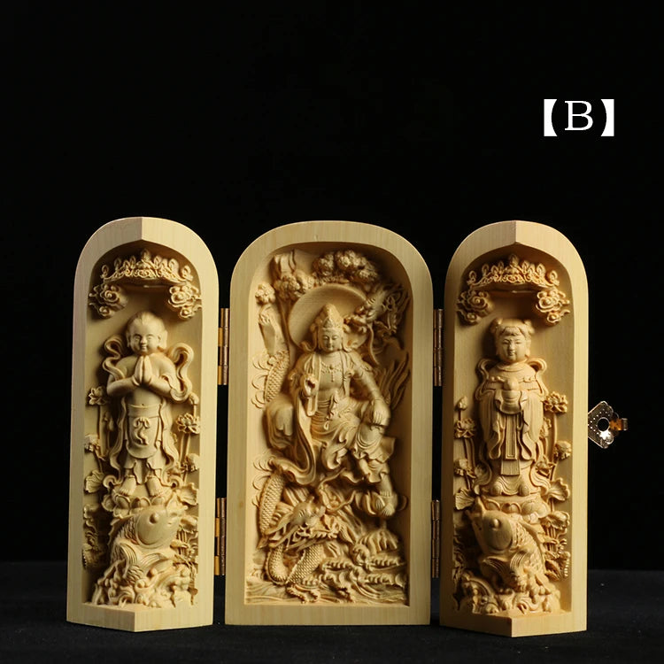 Boxwood Carving Buddha Statue Three Western Sages Guanyin Wood Buddha Shrine Fu Lu Shou Sculpture Three Open Box Home Decor