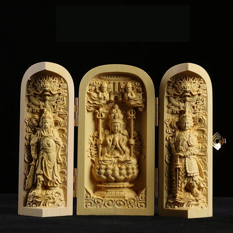 Boxwood Carving Buddha Statue Three Western Sages Guanyin Wood Buddha Shrine Fu Lu Shou Sculpture Three Open Box Home Decor