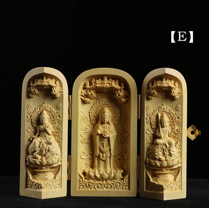 Boxwood Carving Buddha Statue Three Western Sages Guanyin Wood Buddha Shrine Fu Lu Shou Sculpture Three Open Box Home Decor