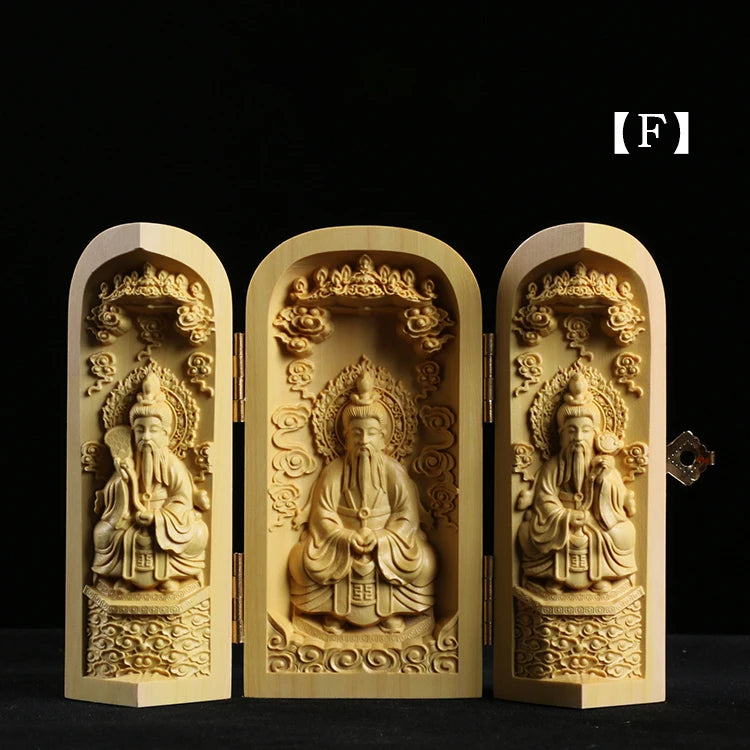 Boxwood Carving Buddha Statue Three Western Sages Guanyin Wood Buddha Shrine Fu Lu Shou Sculpture Three Open Box Home Decor