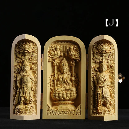 Boxwood Carving Buddha Statue Three Western Sages Guanyin Wood Buddha Shrine Fu Lu Shou Sculpture Three Open Box Home Decor
