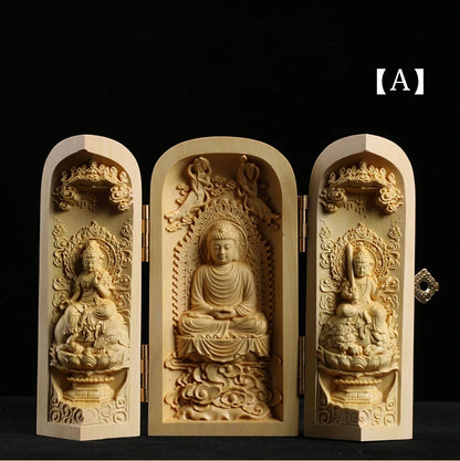Boxwood Carving Buddha Statue Three Western Sages Guanyin Wood Buddha Shrine Fu Lu Shou Sculpture Three Open Box Home Decor