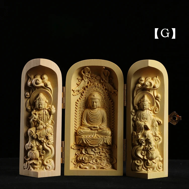 Boxwood Carving Buddha Statue Three Western Sages Guanyin Wood Buddha Shrine Fu Lu Shou Sculpture Three Open Box Home Decor