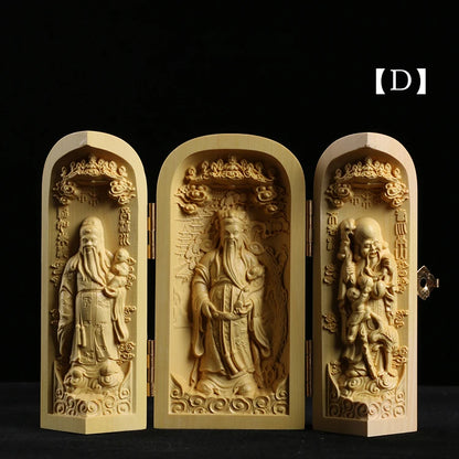 Boxwood Carving Buddha Statue Three Western Sages Guanyin Wood Buddha Shrine Fu Lu Shou Sculpture Three Open Box Home Decor