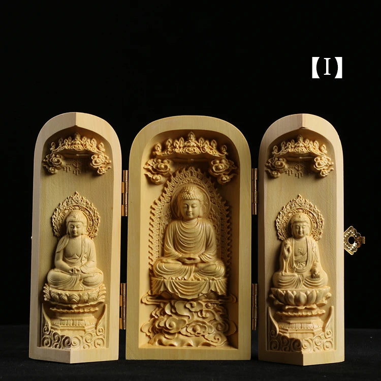 Boxwood Carving Buddha Statue Three Western Sages Guanyin Wood Buddha Shrine Fu Lu Shou Sculpture Three Open Box Home Decor