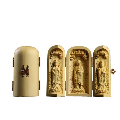 Boxwood Carving Buddha Statue Three Western Sages Guanyin Wood Buddha Shrine Fu Lu Shou Sculpture Three Open Box Home Decor
