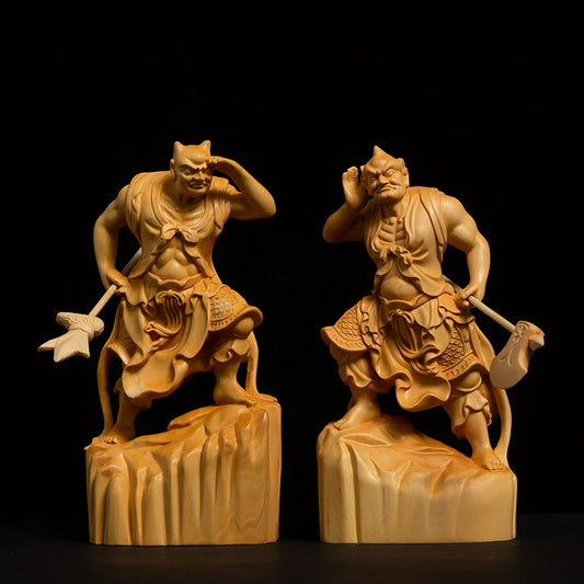 Boxwood Carving Door God Sculpture Two Ferocious Gigantic Guardians Buddha Statue Decoration Shunfeng'er Qianliyan Home Decor