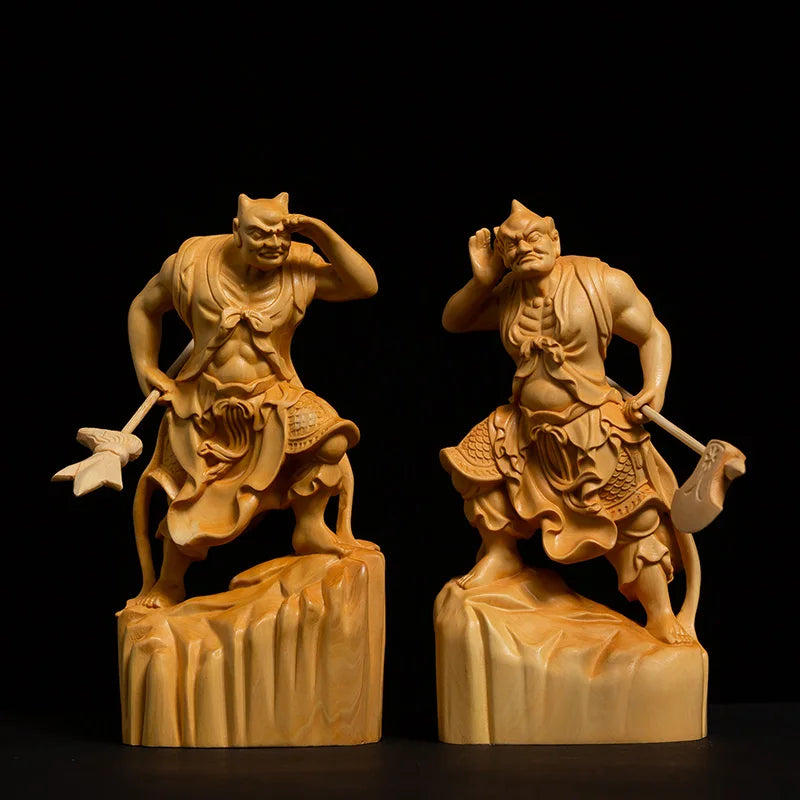 Boxwood Carving Door God Sculpture Two Ferocious Gigantic Guardians Buddha Statue Decoration Shunfeng'er Qianliyan Home Decor