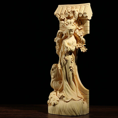 Boxwood Carving Furnishing Ornaments Real Wood Statue Craft Gifts Fine Chinese Figure Beauty Sculpture Home Decor