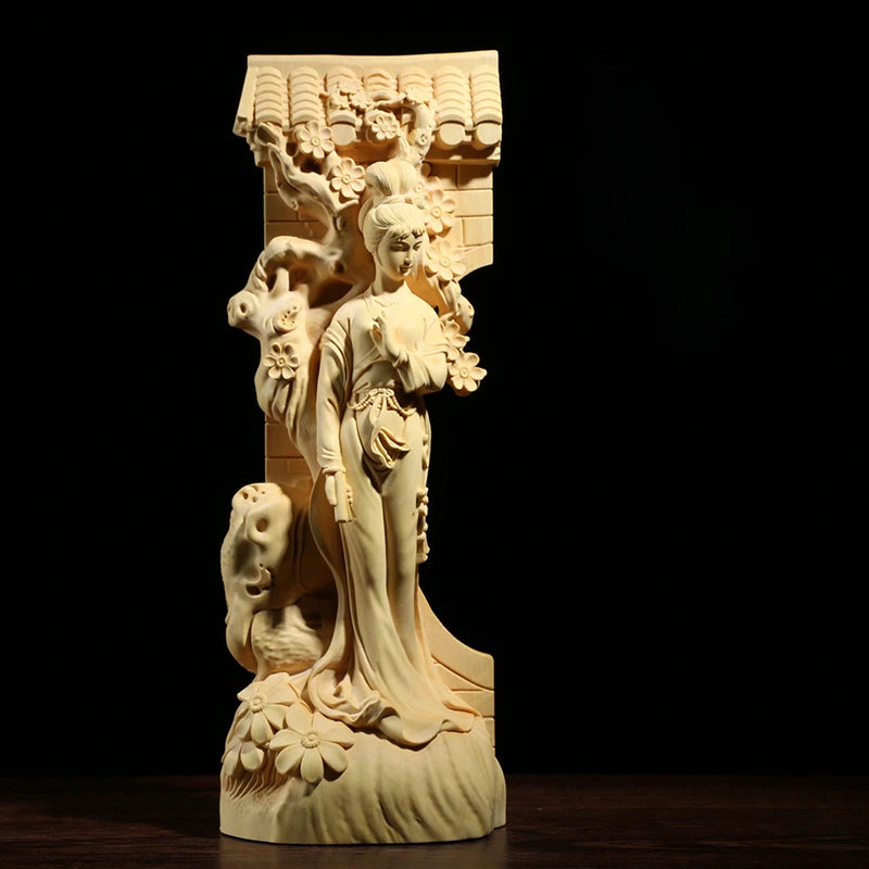 Boxwood Carving Furnishing Ornaments Real Wood Statue Craft Gifts Fine Chinese Figure Beauty Sculpture Home Decor