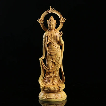 Boxwood Carving Furnishing Ornaments Wood Statue Crafts Real Wood Buddha Statue Gifts Guanyin Sculpture Home Decor