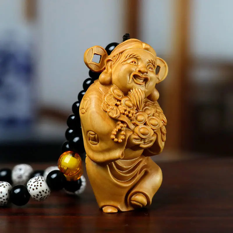 Boxwood Carving God of Wealth Object Jewellery Hanging Pendant Ornament