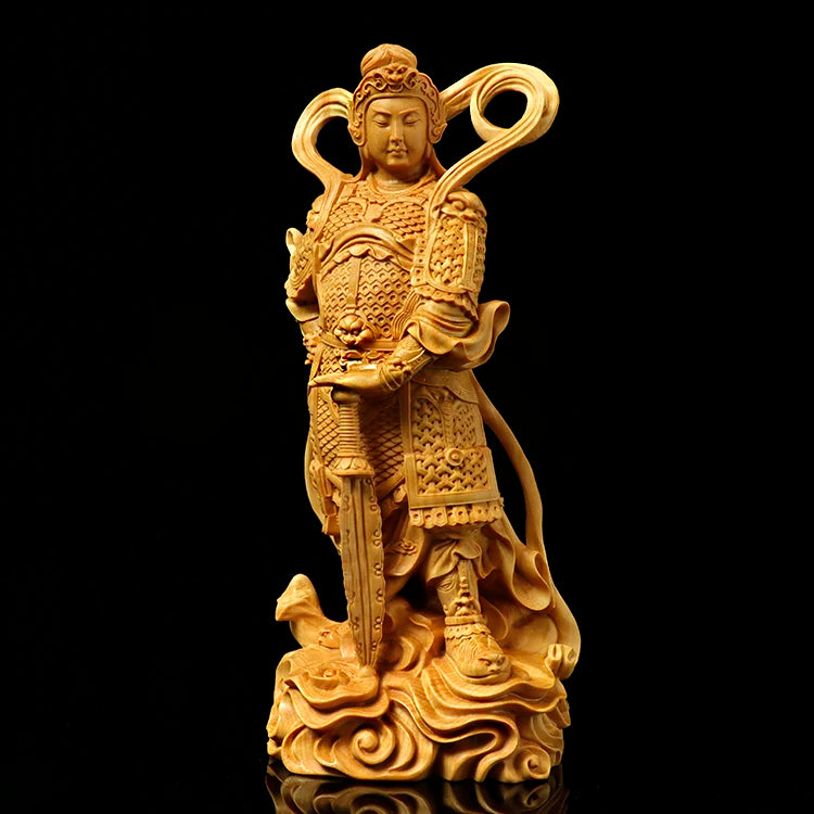 Boxwood Carving Guan Gong Sculpture Skanda Samghārāma Buddha Statue Left and Right Dharma Door God Worship Home Decoration