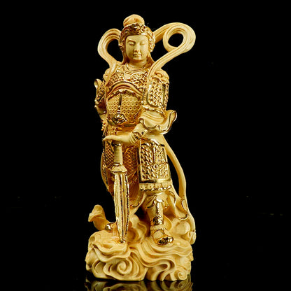 Boxwood Carving Guan Gong Sculpture Skanda Samghārāma Buddha Statue Left and Right Dharma Door God Worship Home Decoration