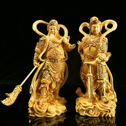 Boxwood Carving Guan Gong Sculpture Skanda Samghārāma Buddha Statue Left and Right Dharma Door God Worship Home Decoration