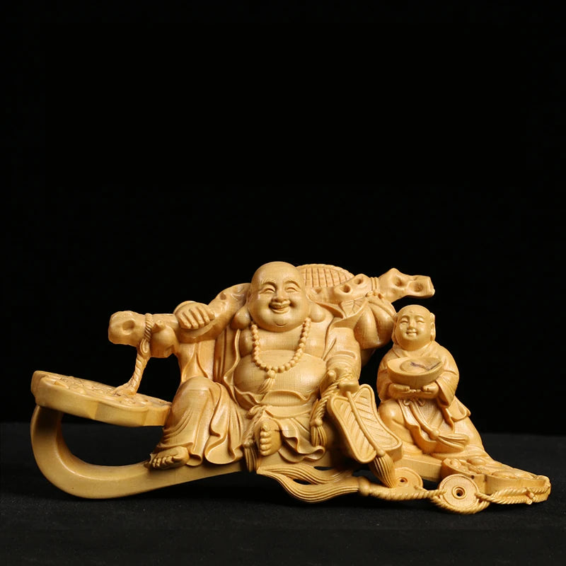 Boxwood Carving Handicraft Article Automobile Decoration Solid Wood Statue Buddha Statue Laughing Buddha Sculpture Home Decor