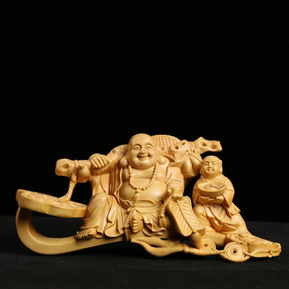 Boxwood Carving Handicraft Article Automobile Decoration Solid Wood Statue Buddha Statue Laughing Buddha Sculpture Home Decor