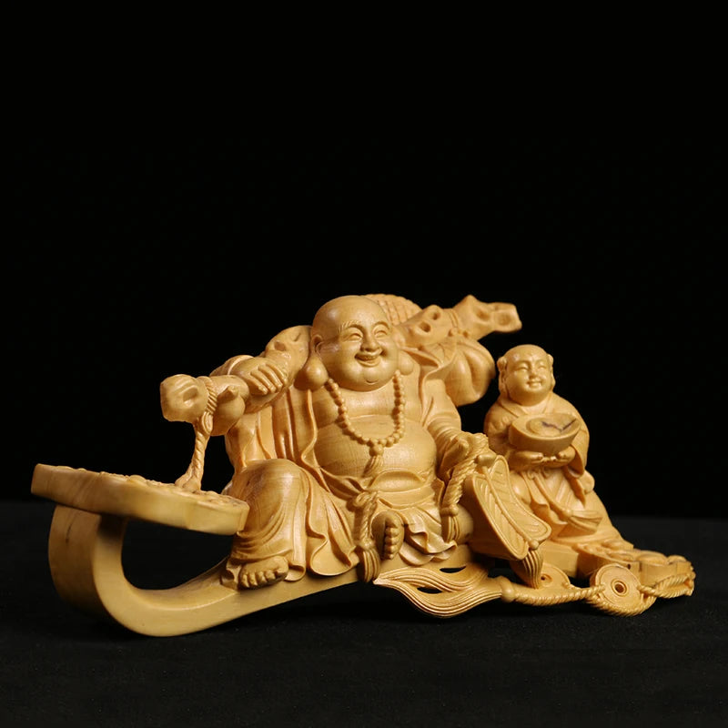 Boxwood Carving Handicraft Article Automobile Decoration Solid Wood Statue Buddha Statue Laughing Buddha Sculpture Home Decor