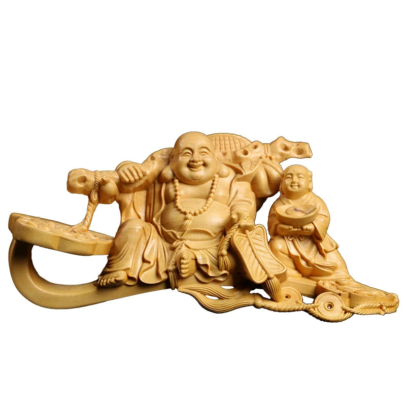 Boxwood Carving Handicraft Article Automobile Decoration Solid Wood Statue Buddha Statue Laughing Buddha Sculpture Home Decor