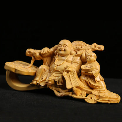 Boxwood Carving Handicraft Article Automobile Decoration Solid Wood Statue Buddha Statue Laughing Buddha Sculpture Home Decor