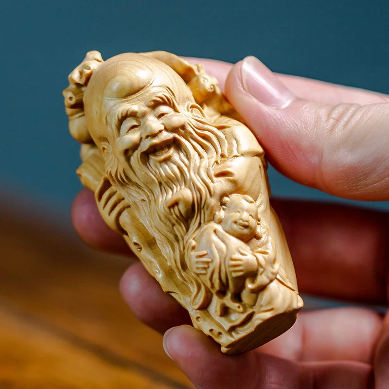 Boxwood Carving Handmade Figure Buddha Longevity Statue Pendant Home Decoration Solid Wood Crafts