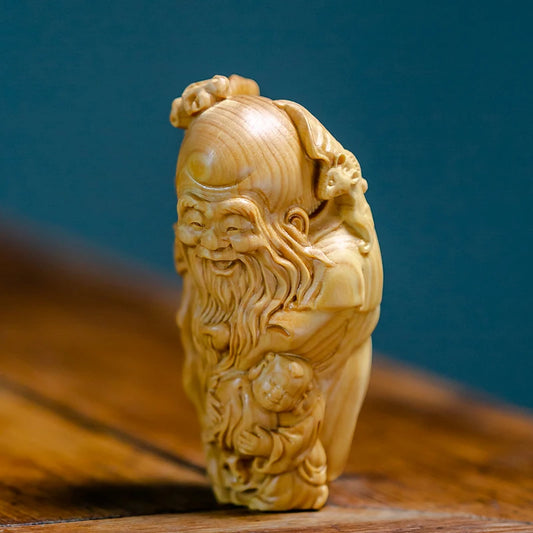 Boxwood Carving Handmade Figure Buddha Longevity Statue Pendant Home Decoration Solid Wood Crafts