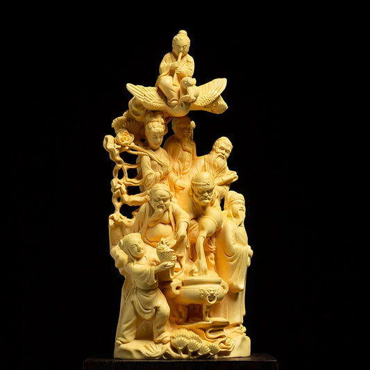 Boxwood Carving Home Decoration Lucky Feng Shui Statue Crafts Chinese Style Character Sculpture Eight Immortals Crossing The Sea