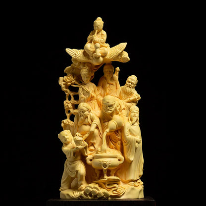 Boxwood Carving Home Decoration Lucky Feng Shui Statue Crafts Chinese Style Character Sculpture Eight Immortals Crossing The Sea