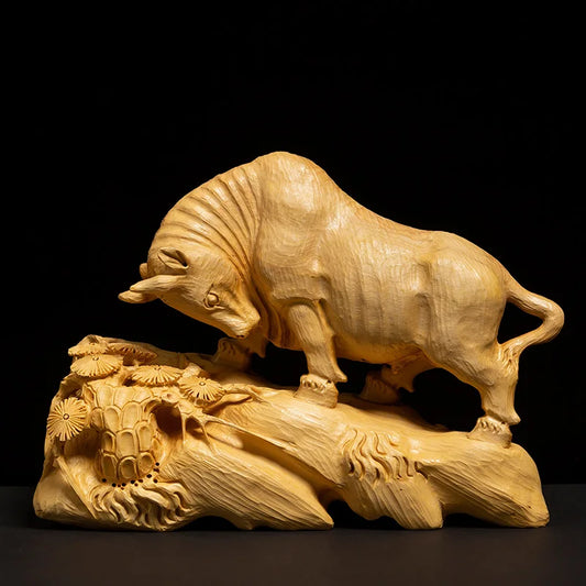 Boxwood Carving Living Room Chinese Feng Shui Decoration Solid Wood Bull Statue Lucky House OX Sculpture Home Decor