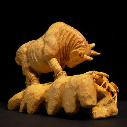 Boxwood Carving Living Room Chinese Feng Shui Decoration Solid Wood Bull Statue Lucky House OX Sculpture Home Decor