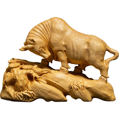 Boxwood Carving Living Room Chinese Feng Shui Decoration Solid Wood Bull Statue Lucky House OX Sculpture Home Decor