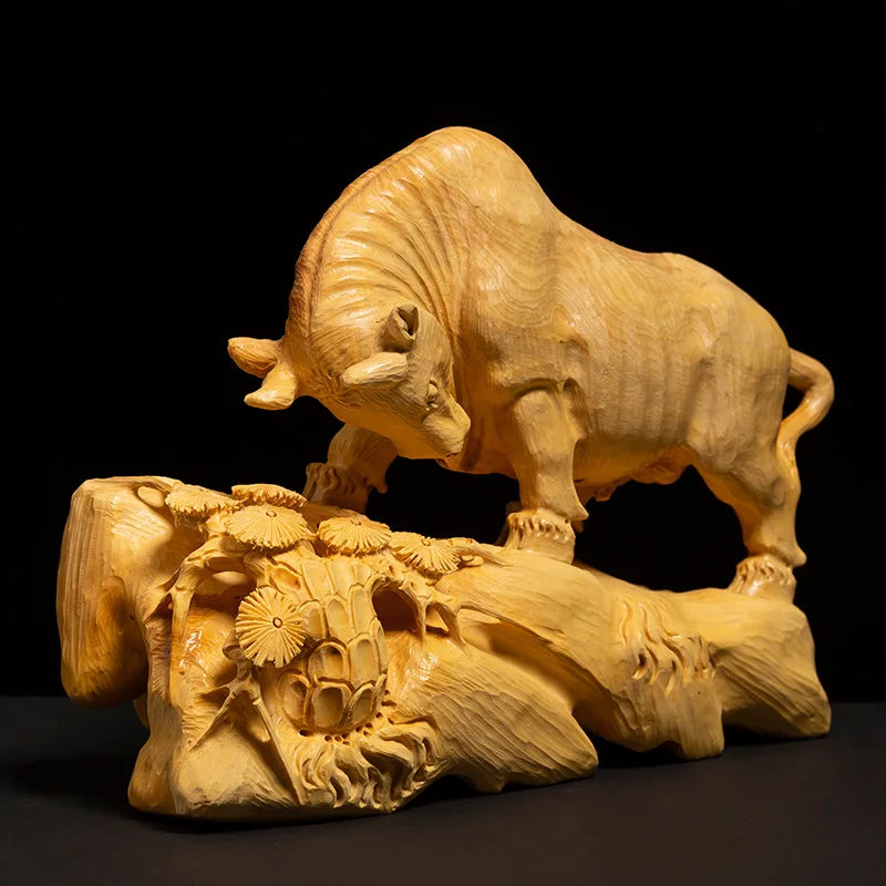 Boxwood Carving Living Room Chinese Feng Shui Decoration Solid Wood Bull Statue Lucky House OX Sculpture Home Decor
