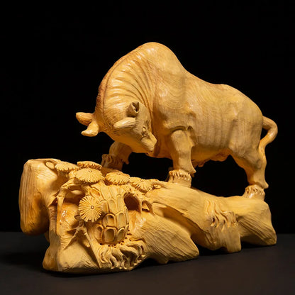 Boxwood Carving Living Room Chinese Feng Shui Decoration Solid Wood Bull Statue Lucky House OX Sculpture Home Decor