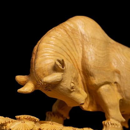 Boxwood Carving Living Room Chinese Feng Shui Decoration Solid Wood Bull Statue Lucky House OX Sculpture Home Decor