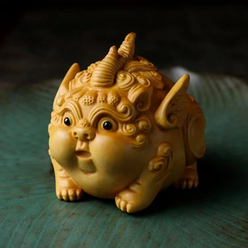 Boxwood Carving Lovely Brave Inviting Wealth Gathering Wealth Handle Pieces Living Room Office Desktop Home Gift