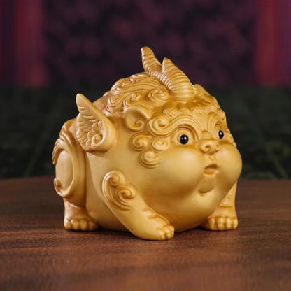 Boxwood Carving Lovely Brave Inviting Wealth Gathering Wealth Handle Pieces Living Room Office Desktop Home Gift