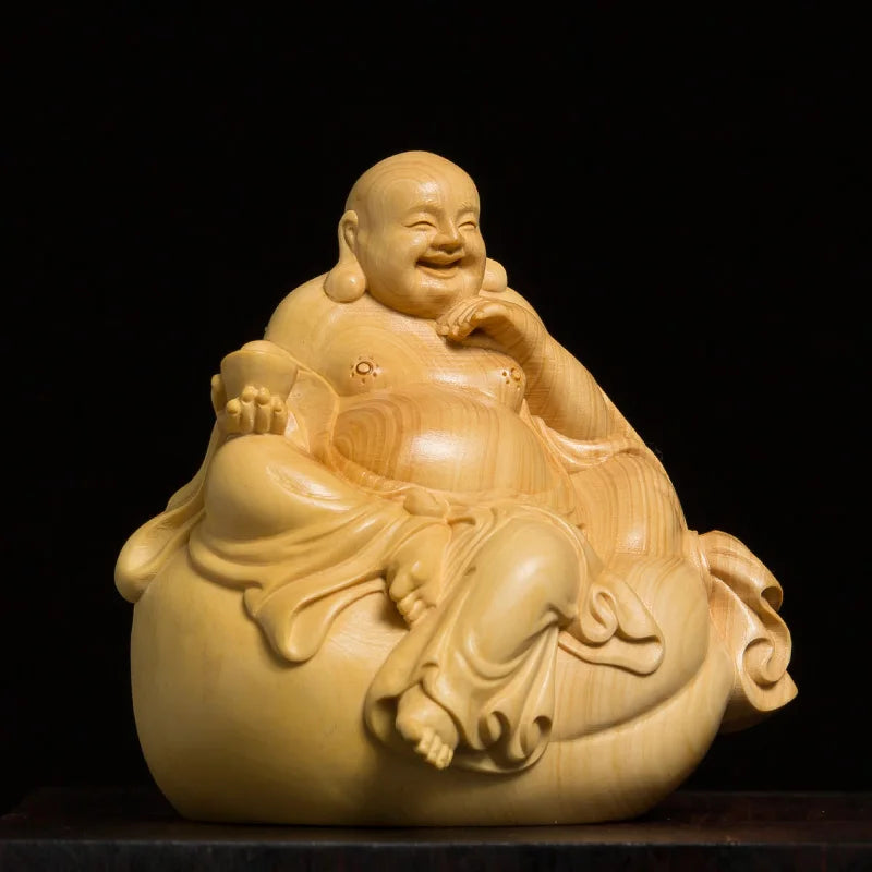 Boxwood Carving Sitting Room Consecrate Laughing Buddha Statue Handicraft Wood House Decoration Maitreya Sculpture Home Decor