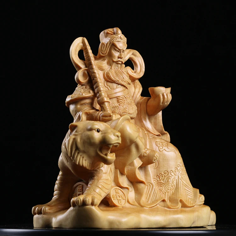 Boxwood Carving Solid Wood Chinese Household Statue Craft Feng Shui Gifts Zhao Gongming God of Wealth Sculpture Home Decor