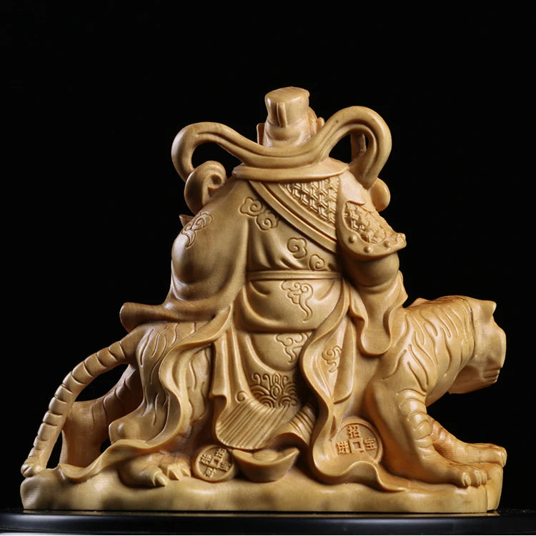 Boxwood Carving Solid Wood Chinese Household Statue Craft Feng Shui Gifts Zhao Gongming God of Wealth Sculpture Home Decor