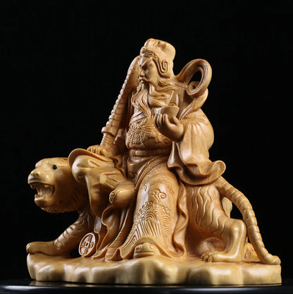 Boxwood Carving Solid Wood Chinese Household Statue Craft Feng Shui Gifts Zhao Gongming God of Wealth Sculpture Home Decor