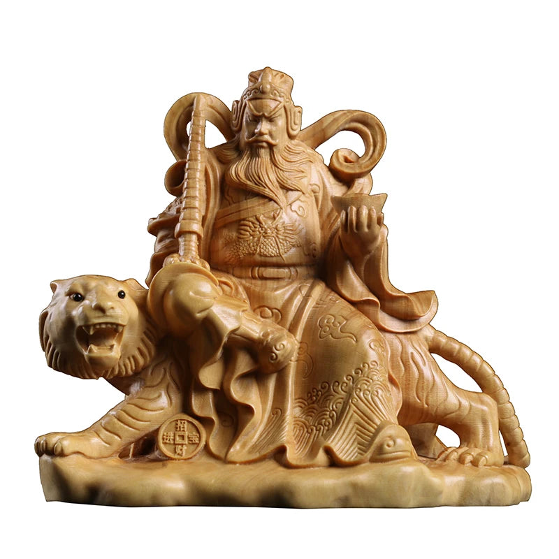 Boxwood Carving Solid Wood Chinese Household Statue Craft Feng Shui Gifts Zhao Gongming God of Wealth Sculpture Home Decor