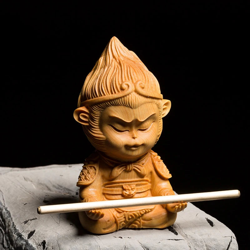 Boxwood Carving Solid Wood Statue Crafts Buddha Statue The Monkey King Cartoon Sculpture Home Decor