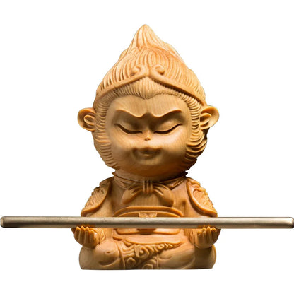 Boxwood Carving Solid Wood Statue Crafts Buddha Statue The Monkey King Cartoon Sculpture Home Decor