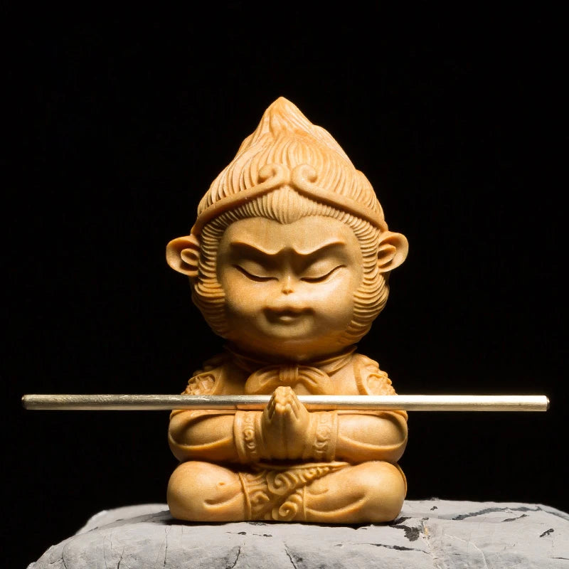 Boxwood Carving Solid Wood Statue Crafts Buddha Statue The Monkey King Cartoon Sculpture Home Decor