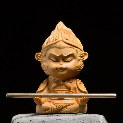Boxwood Carving Solid Wood Statue Crafts Buddha Statue The Monkey King Cartoon Sculpture Home Decor