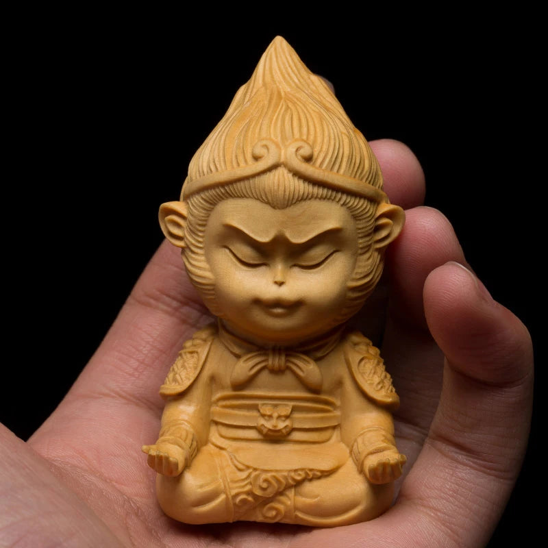 Boxwood Carving Solid Wood Statue Crafts Buddha Statue The Monkey King Cartoon Sculpture Home Decor