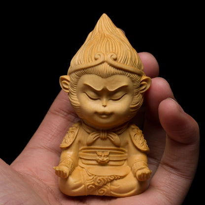 Boxwood Carving Solid Wood Statue Crafts Buddha Statue The Monkey King Cartoon Sculpture Home Decor