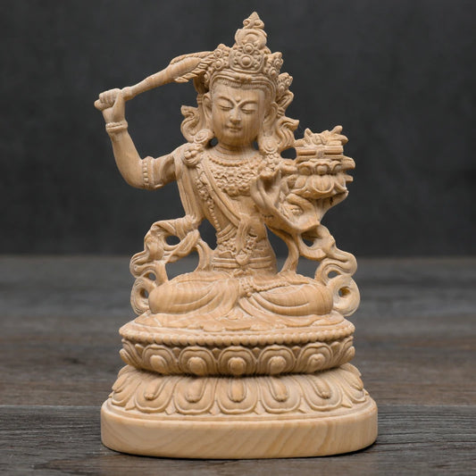 Boxwood Carving Tibetan Buddha Statue Worships Manjushri Bodhisattva Tantra Nepalese Buddha Sculpture Home Decor