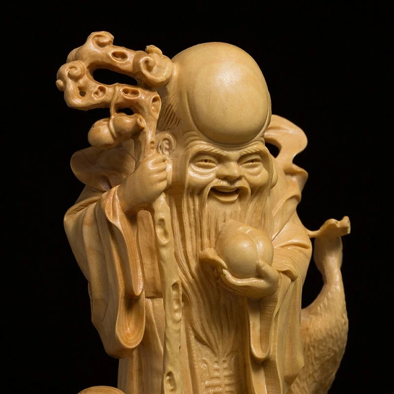 Boxwood Carving Turtle Crane God of Longevity Wood Shou Xing Statue Decoration Birthday Gifts Mythology Sculpture Home Decor